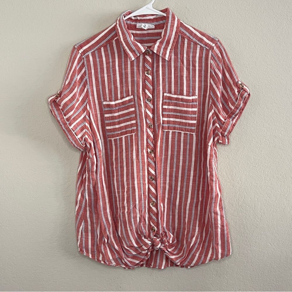 Westport Button Up Blouse Short Rolled Sleeve 1x Red White Blue Stripes